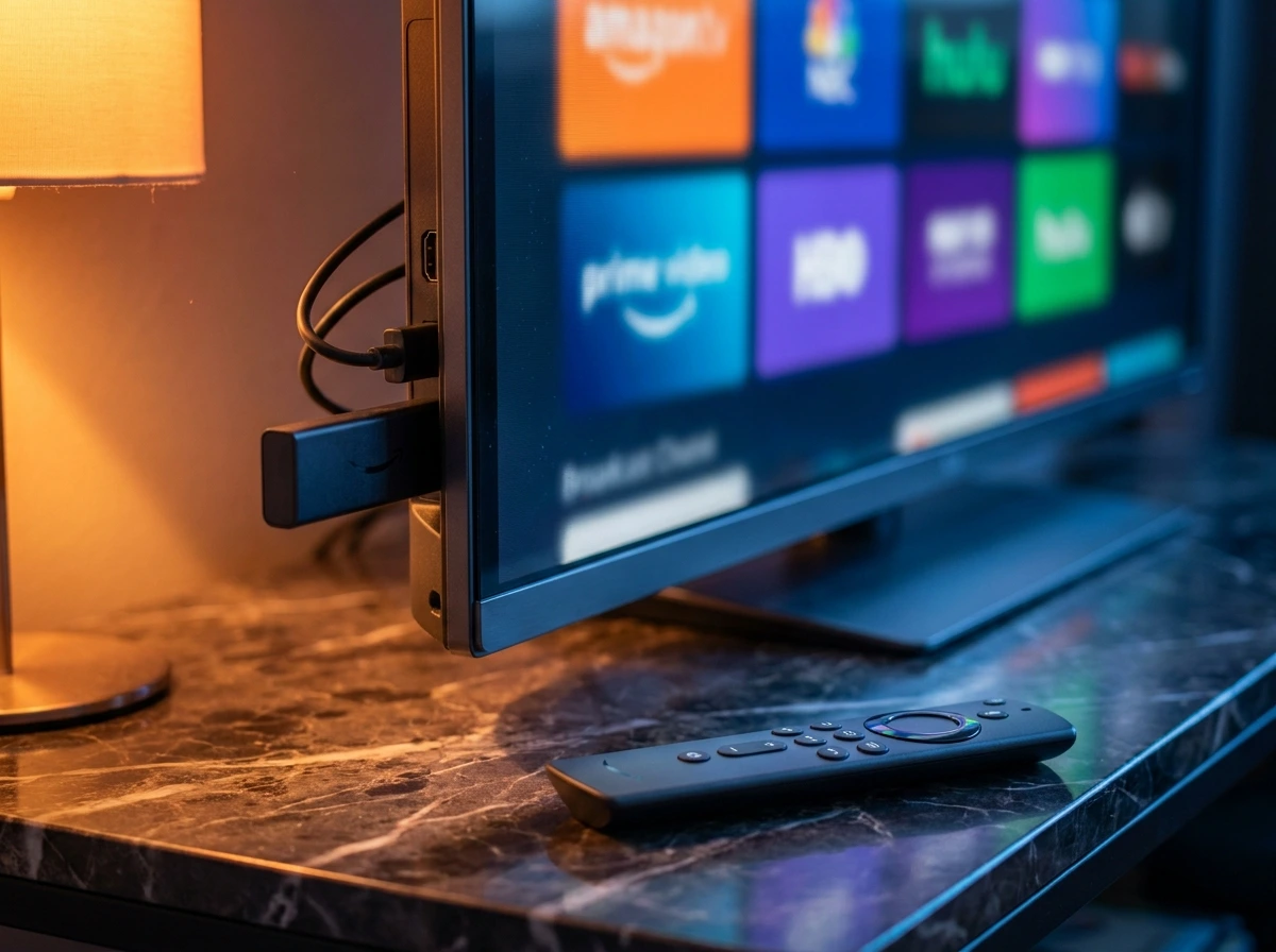 Plugged Amazon Fire TV Stick ready for IPTV on Firestick configuration