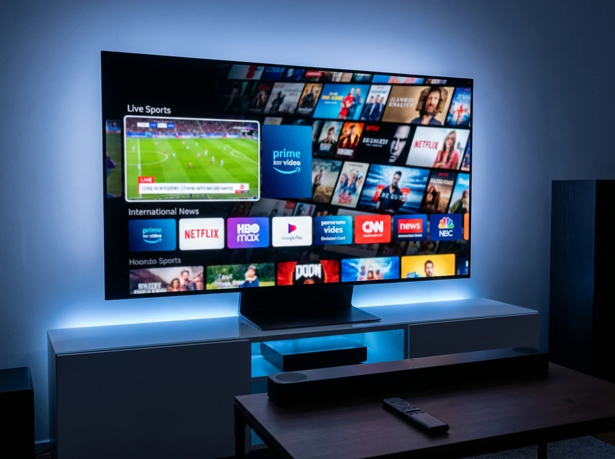 Modern 4K living room entertainment setup showing why SpaceOTT is the best IPTV service in 2026