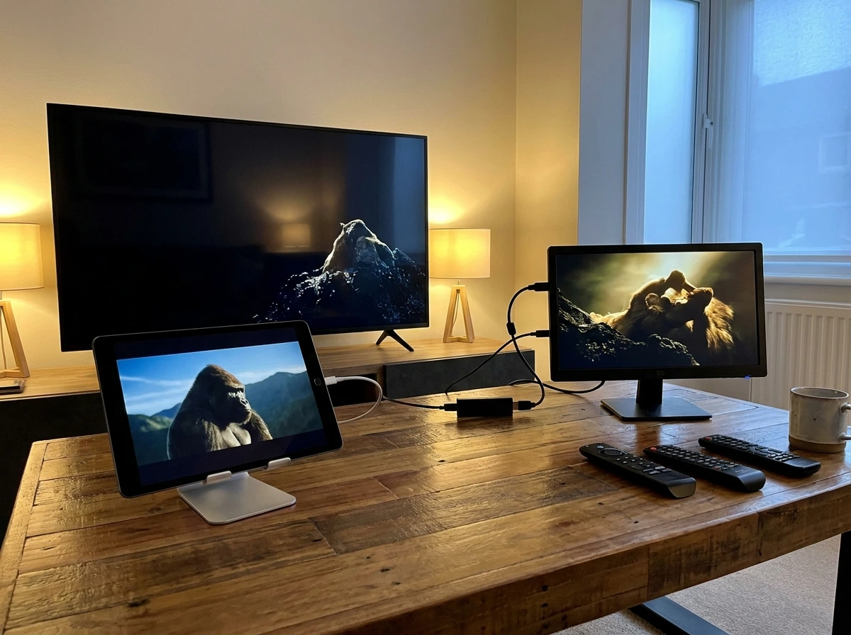 Multiple streaming devices displaying live sports and movies on the best IPTV service subscription