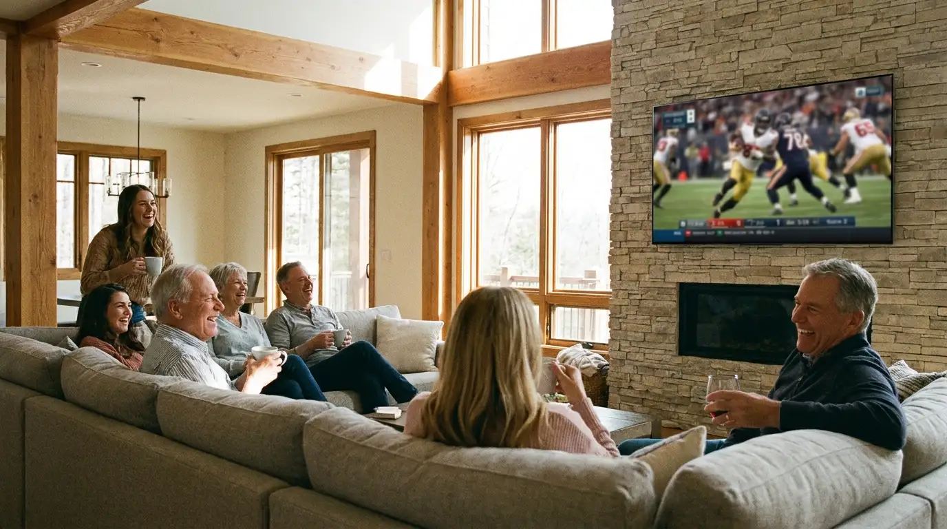 Family enjoying 4K live sports on modern television with premium IPTV equipment