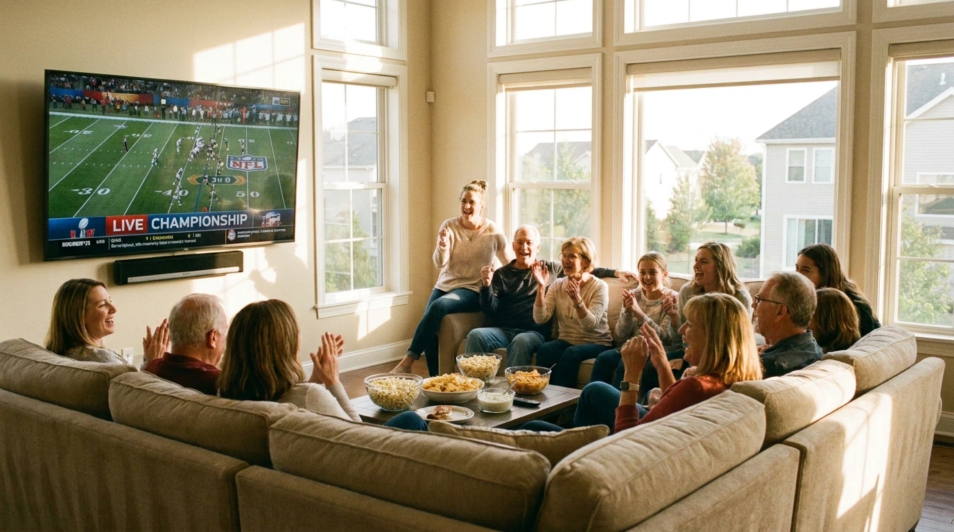 American family and friends enjoying live 4K sports with the best IPTV USA service