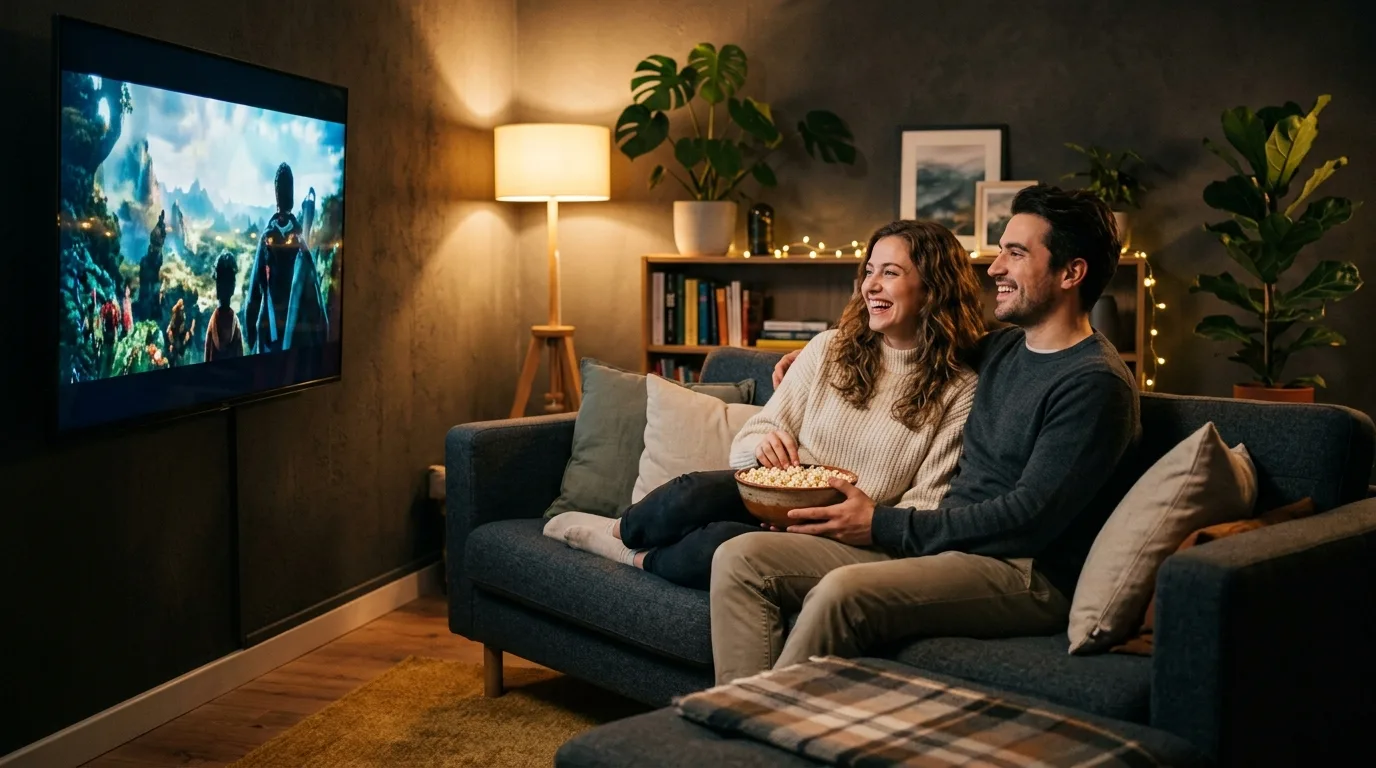 family enjoying movie night at home with 4K television and cozy living room lighting