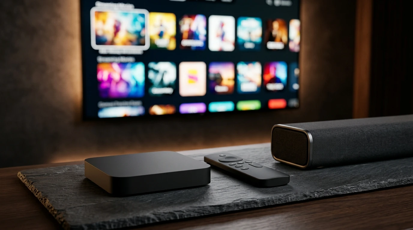 modern 4K media streaming player and home theater soundbar setup for cinema playback
