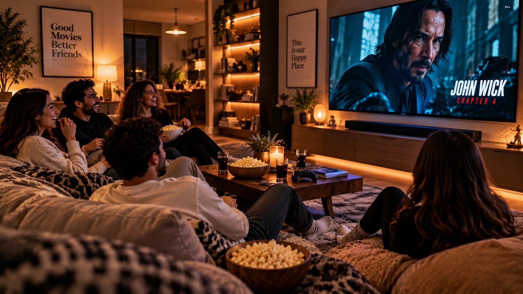 Family and friends enjoying a 4K movie night with video on demand streaming