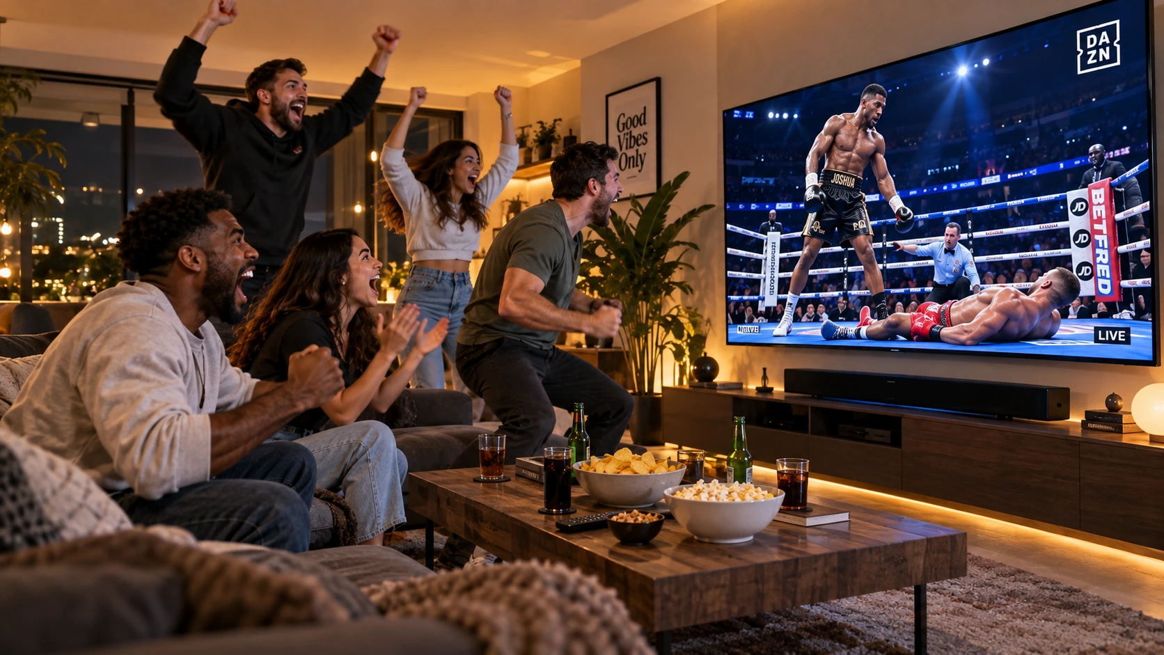 Group of friends celebrating a live PPV knockout during a home watch party