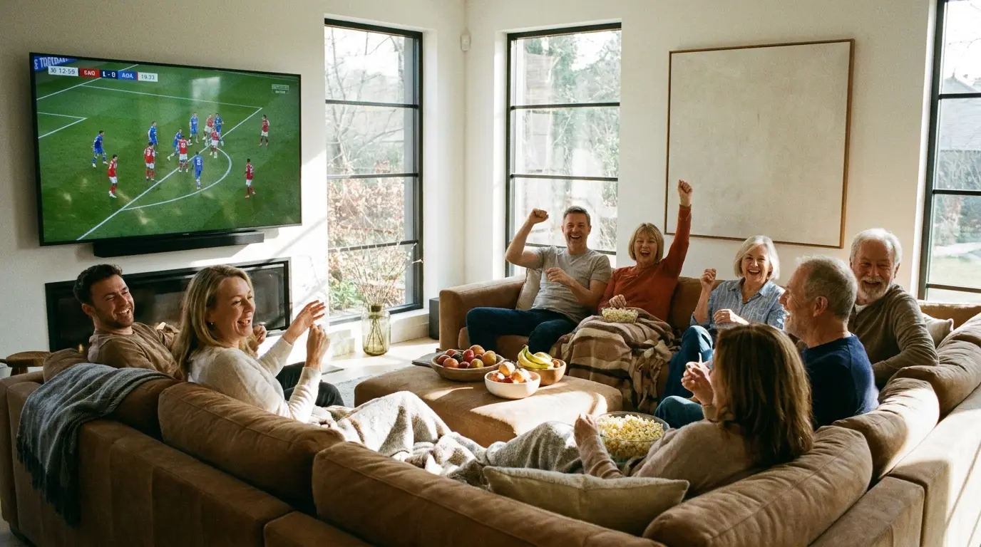 Friends enjoying 4K live sports with an IP TV subscription on SpaceOTT