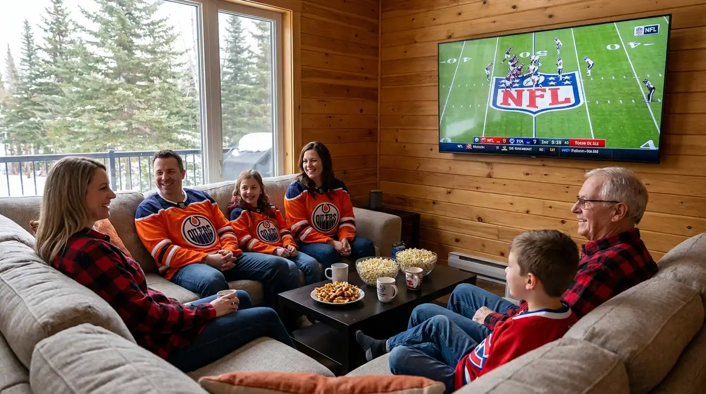 IP TV subscription 4K live sports and cinema streaming setup in modern living room
