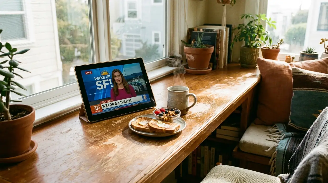 IPTV near me local news and weather streaming on tablet in cozy kitchen