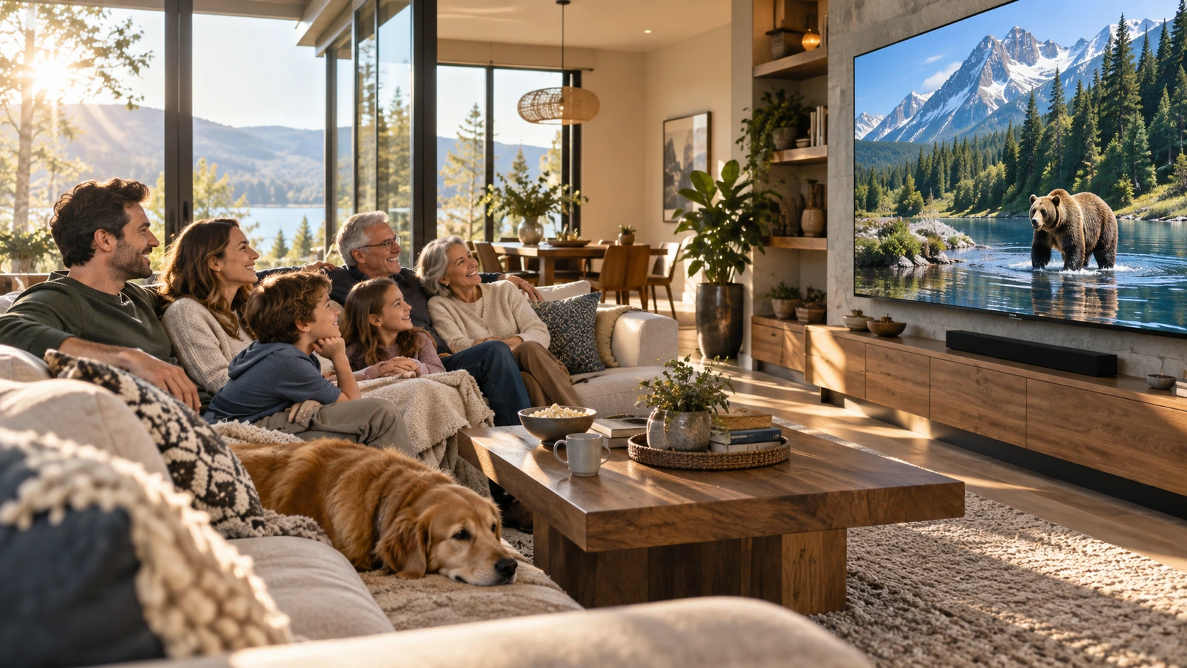 Family enjoying 4K cinema and sports streaming with IPTV on Apple TV