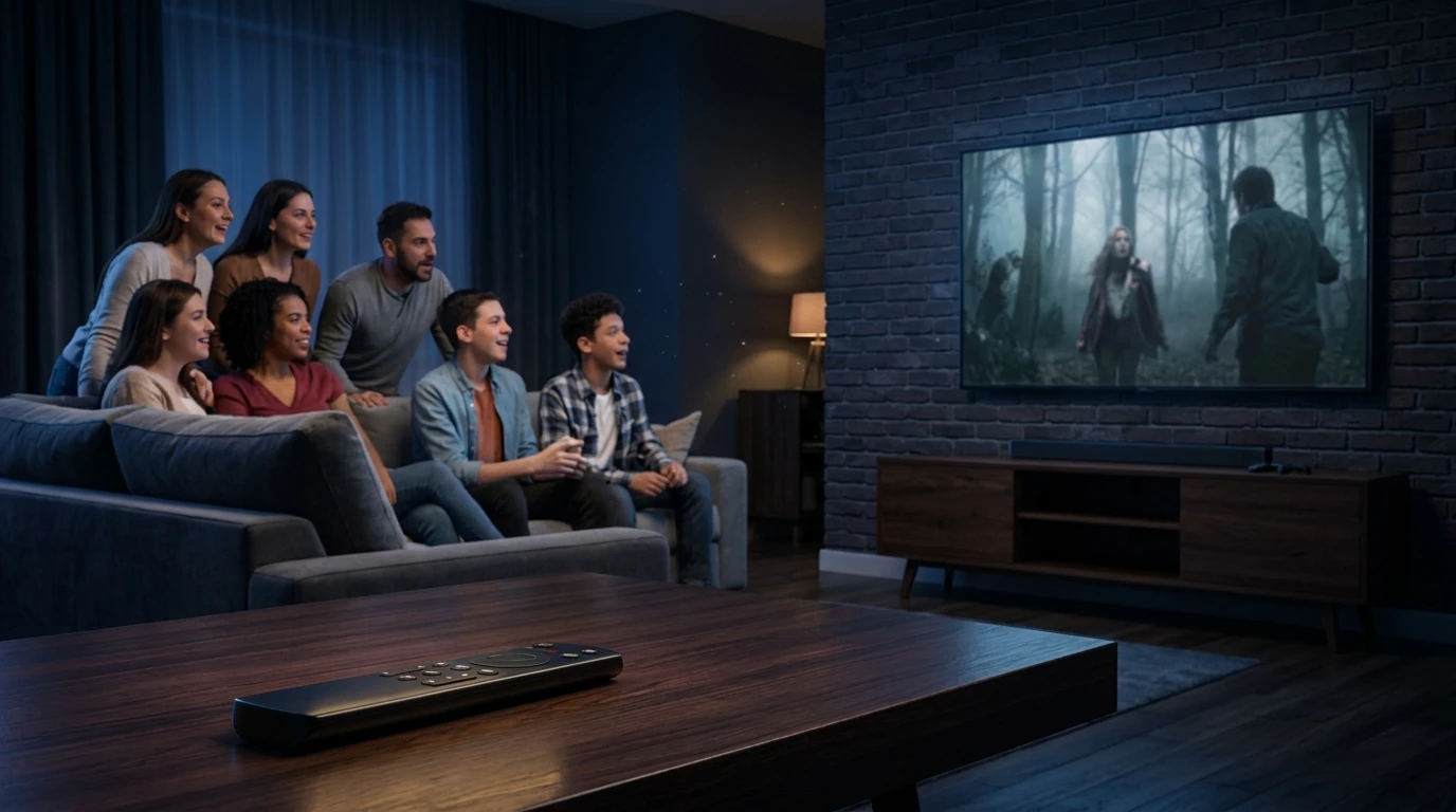 family and friends enjoying resident evil movie marathon on 4K home cinema