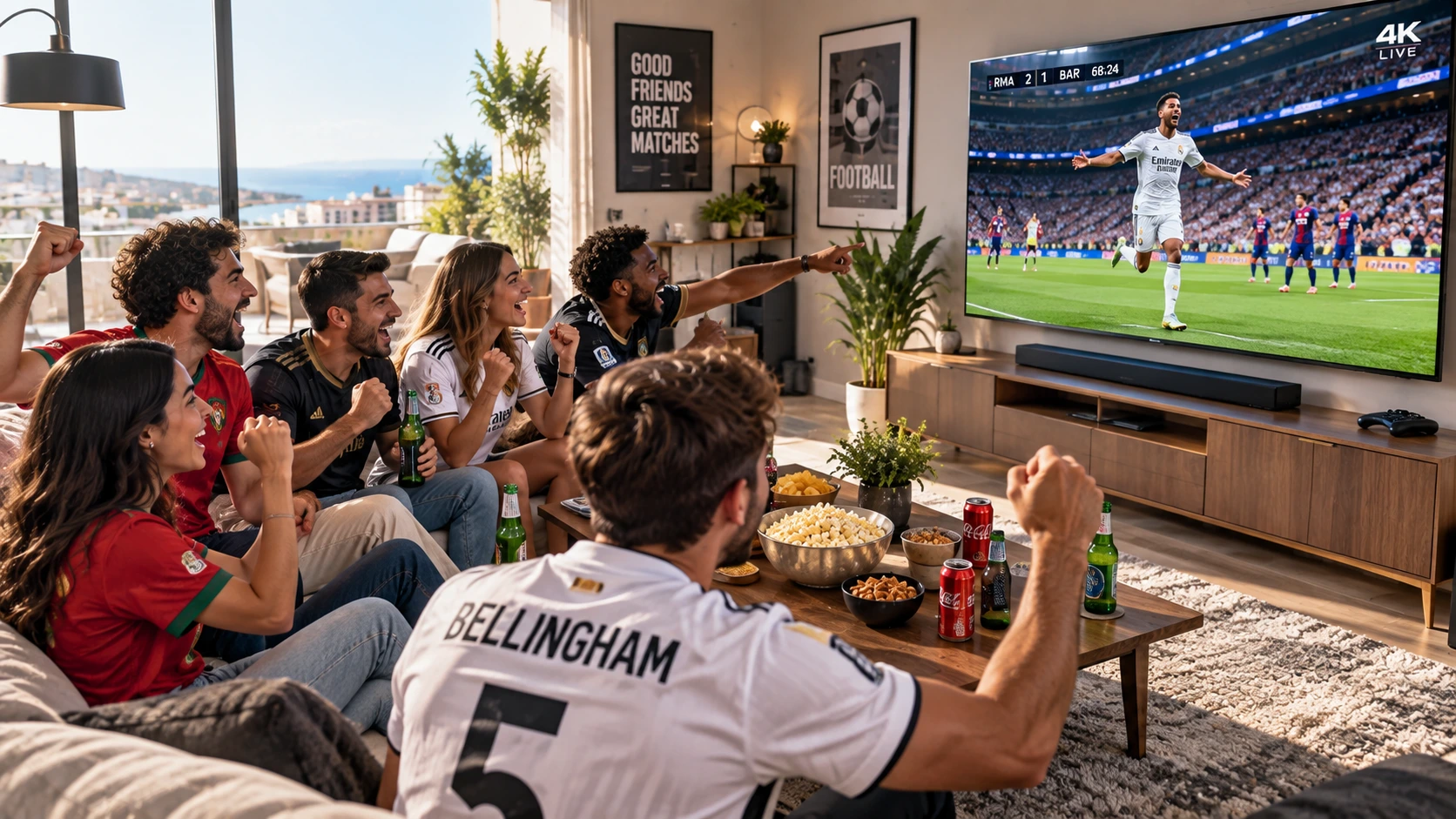 Group of friends enjoying smooth live sports streaming on modern IPTV setup