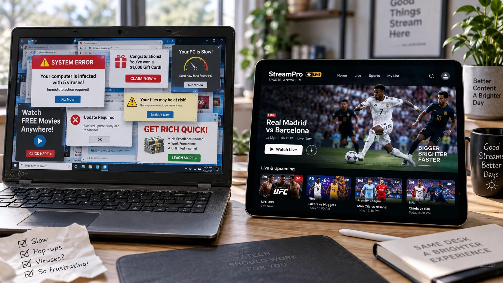 Comparing free pirate stream buffer errors with a clean 4K sports streaming app using StreamEast alternatives