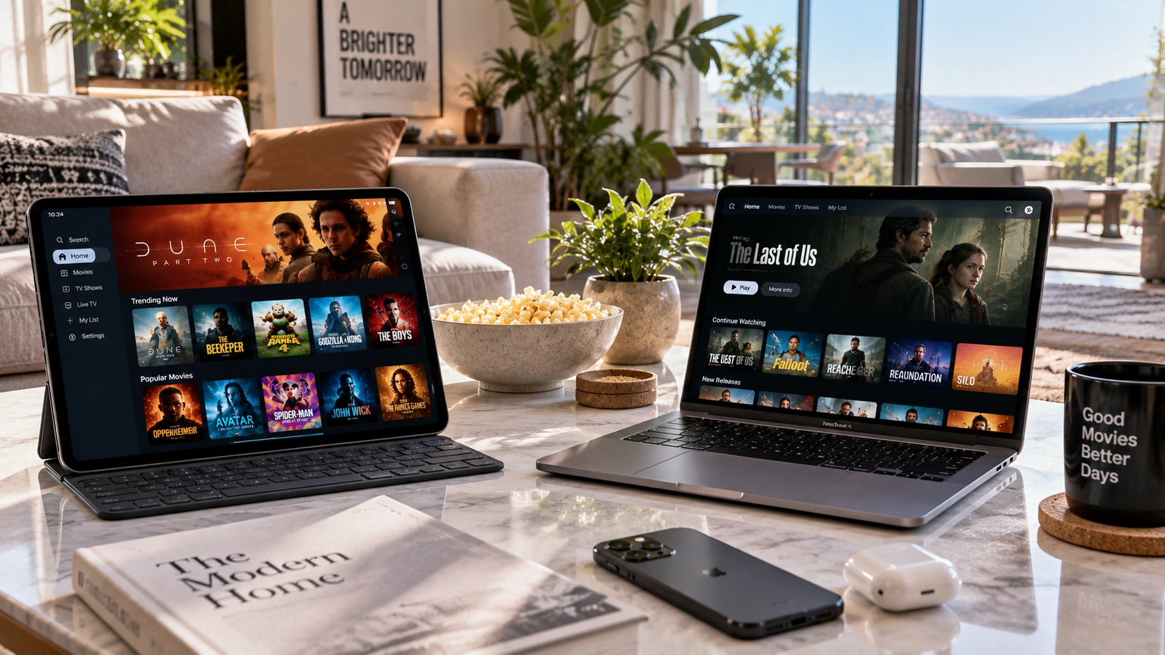 Streaming video on demand movies across mobile tablet and laptop screens