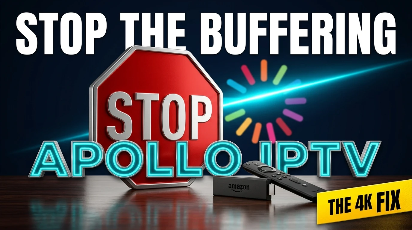 Apollo IPTV setup guide showing streaming stick remote and stop buffering concept