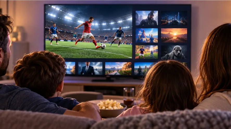 Family watching IPTV on Roku in a modern living room