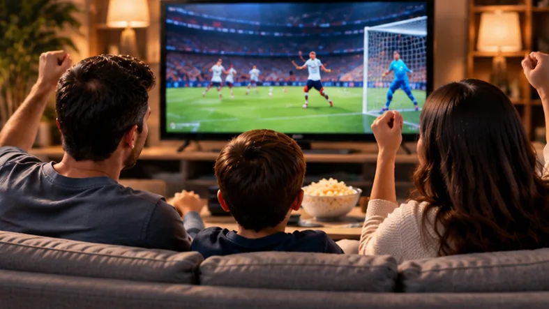 Family comparing IPTV streaming and traditional cable television at home