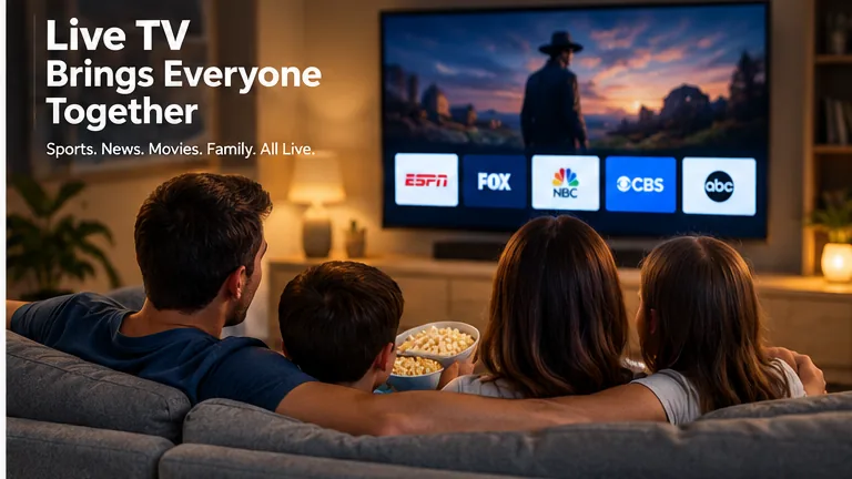 Family watching a live TV subscription service in a modern living room