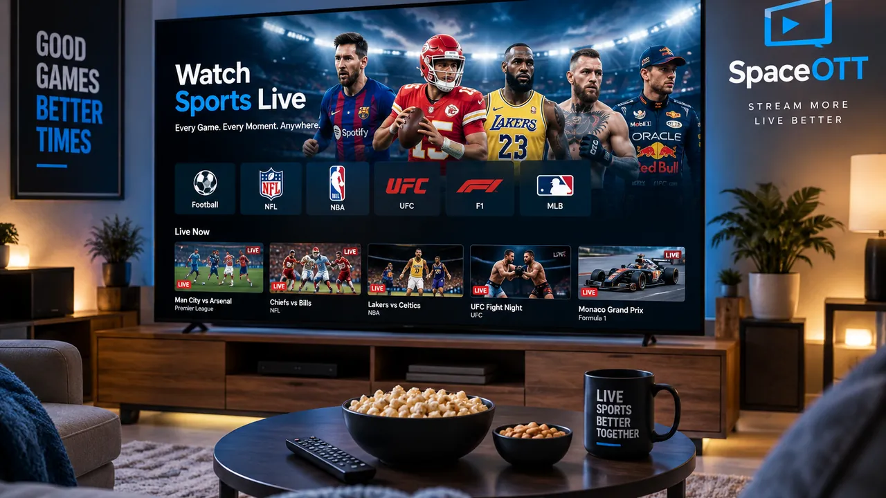 Home setup for watching sports live on a large television